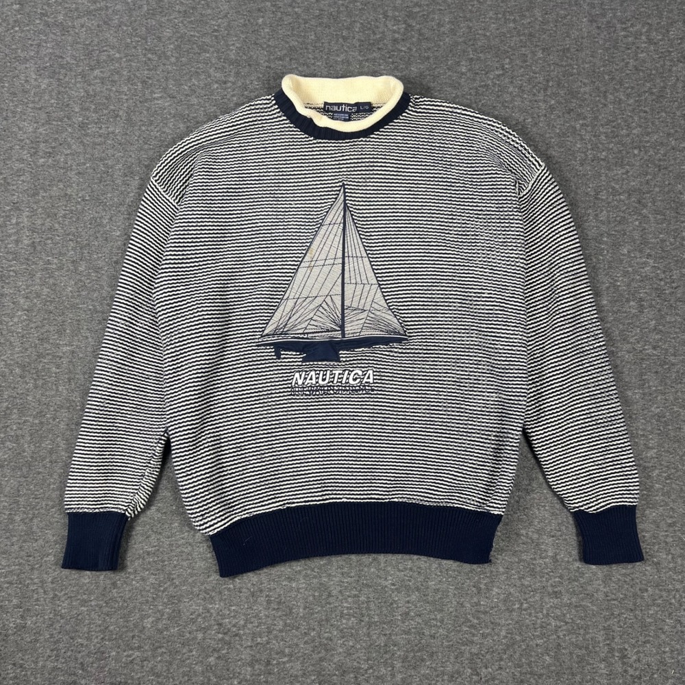 Vintage Nautica Chunky Sailboat Sweater Mens Large Blue Nautical Striped Boxy